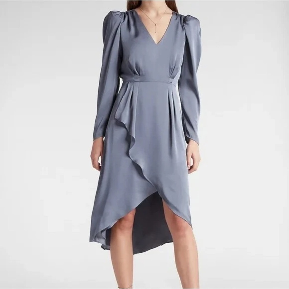 Express Satin Puff Shoulder Long Sleeve Gray Midi Dress Faux Wrap Size S NWT $98